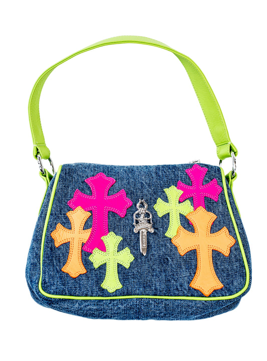 Miami Art Basel Multi-Color Patch Denim Cross Patch Nugget Bag