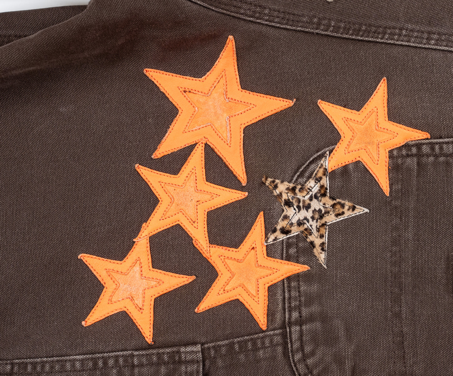 Las Vegas Exclusive Orange & Leopard Star Leather Patch Carpenter Pants