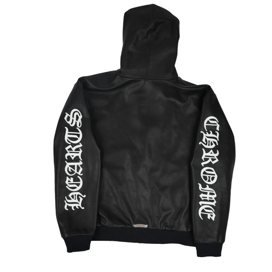 Black Leather White Script Zip Up Jacket