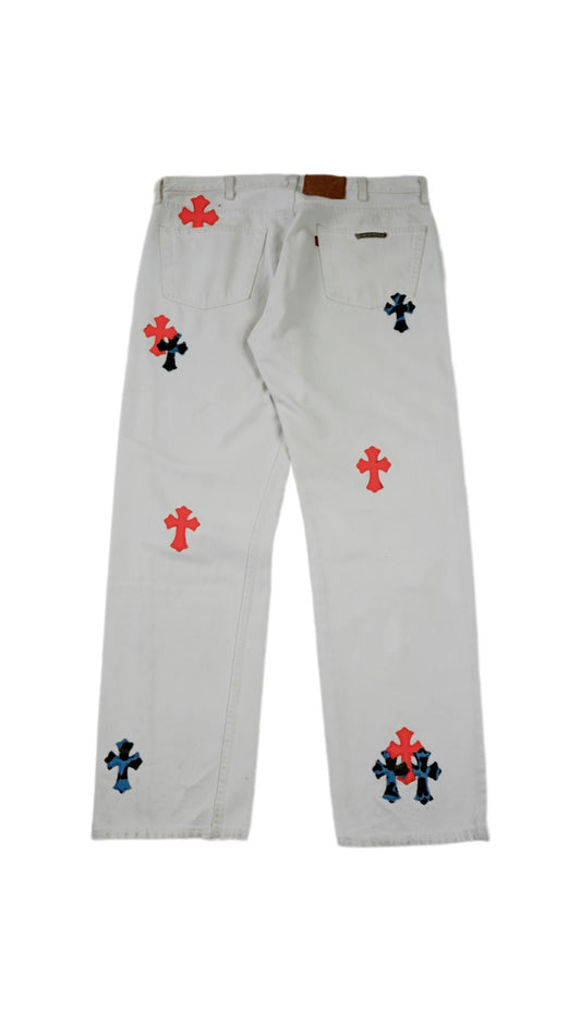 White Levis Blue & Orange Cross Patch St. Barth Exclusive Jeans