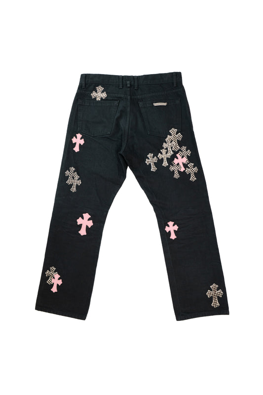 Black Fluer Knee Pink And Checkered Cross Patch Jeans