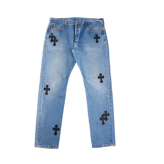 Blue 501 Levi's Black Cross Patch Jeans