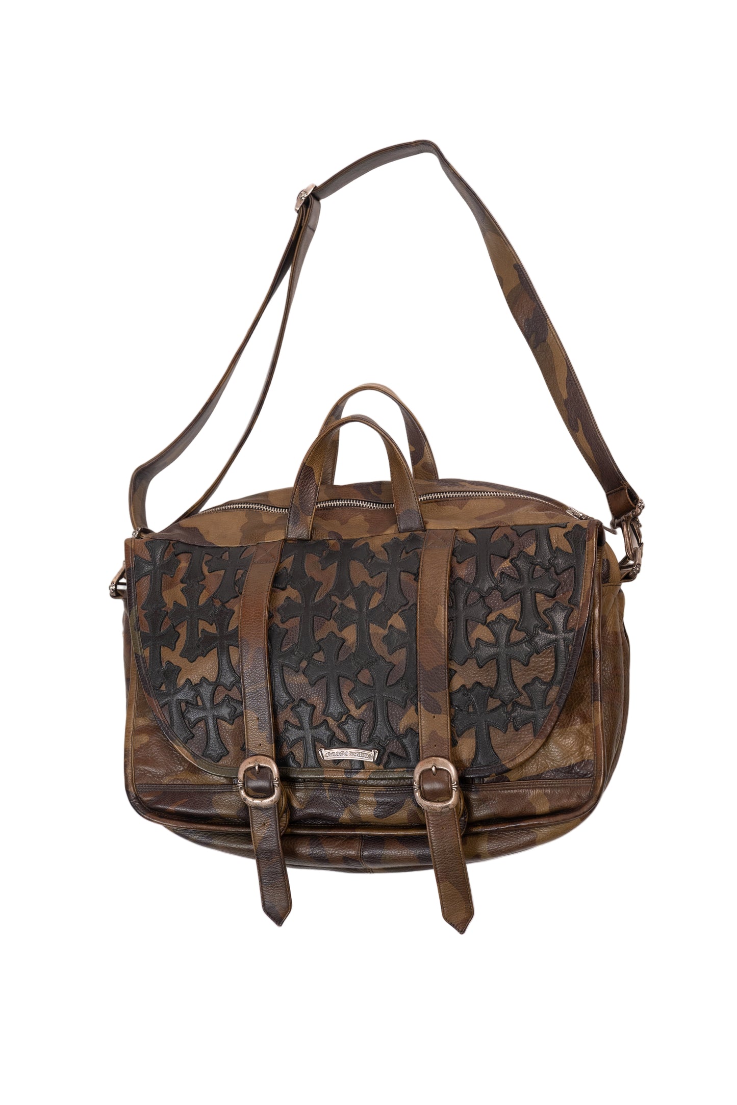1/1 XL Camo Leather Messenger Bag With Black Cross Patches