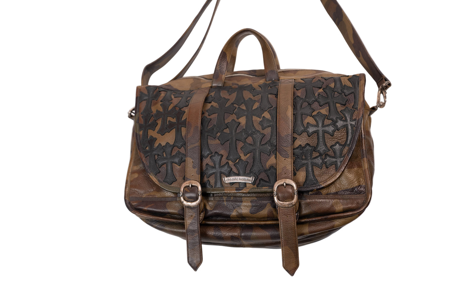 1/1 XL Camo Leather Messenger Bag With Black Cross Patches