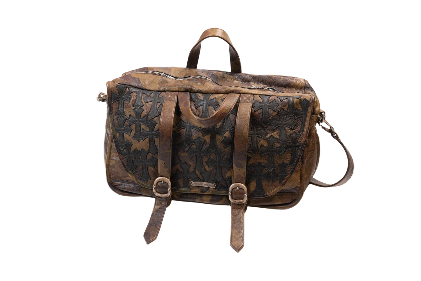 1/1 XL Camo Leather Messenger Bag With Black Cross Patches