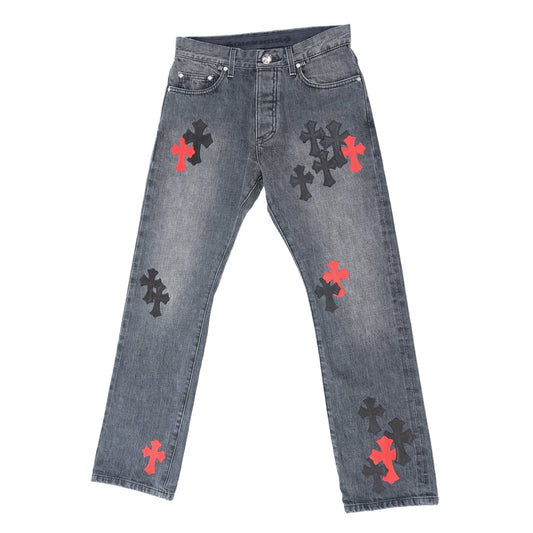 CLB Grey Black & Red Cross Patch Jeans