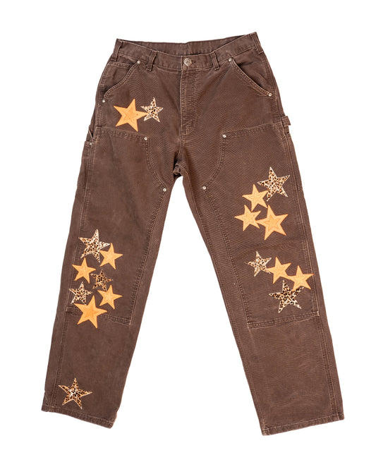 Las Vegas Exclusive Orange & Leopard Star Leather Patch Carpenter Pants