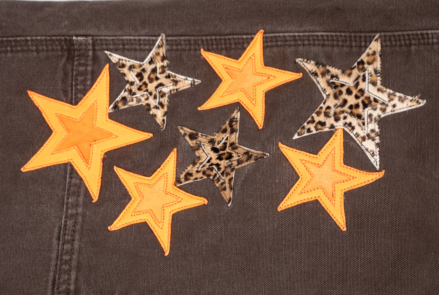 Las Vegas Exclusive Orange & Leopard Star Leather Patch Carpenter Pants