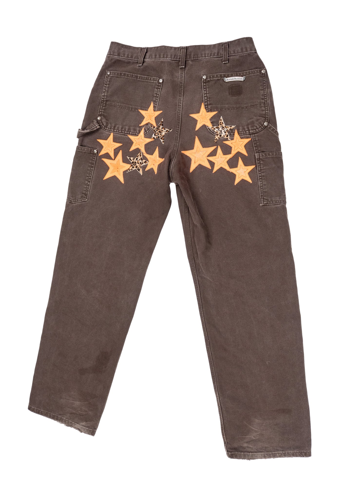 Las Vegas Exclusive Orange & Leopard Star Leather Patch Carpenter Pants