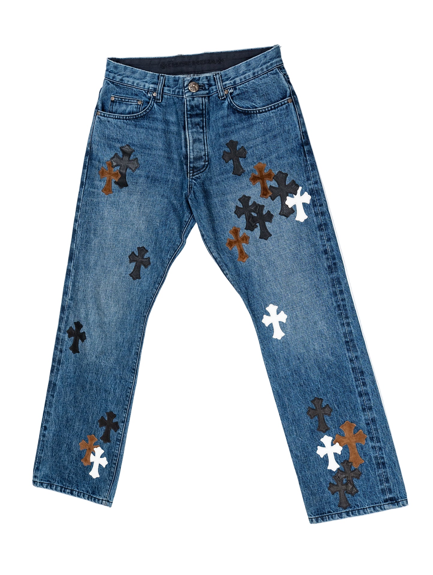 Indigo Denim Jeans Black White & Brown Patches
