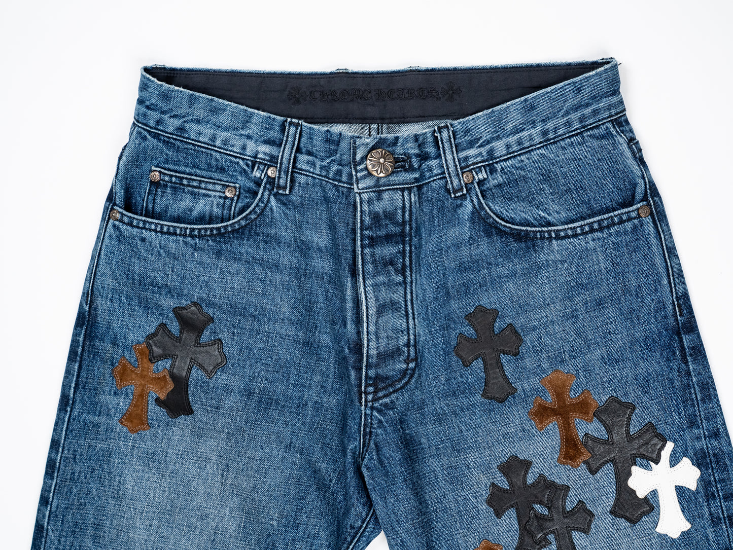 Indigo Denim Jeans Black White & Brown Patches