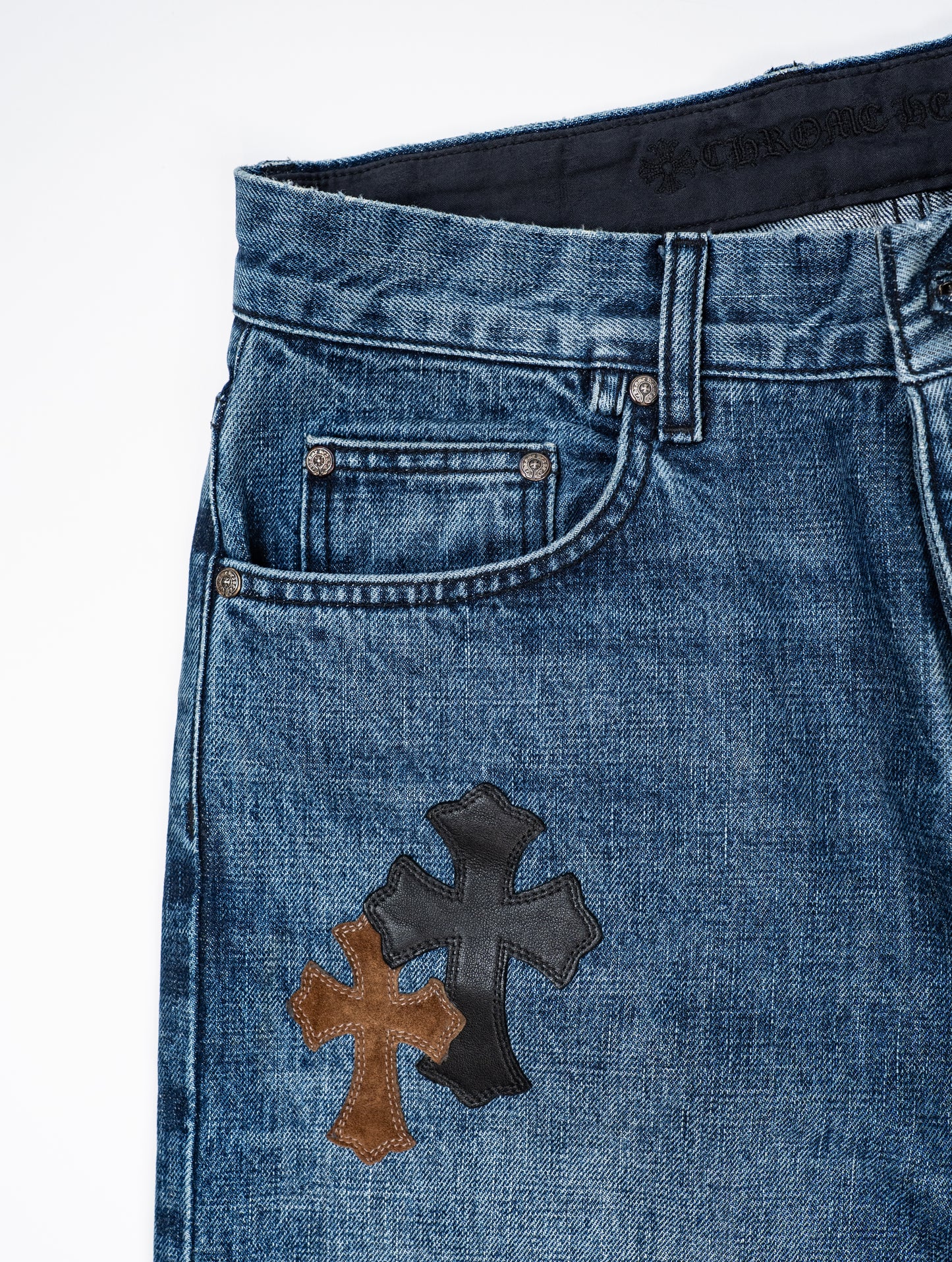 Indigo Denim Jeans Black White & Brown Patches