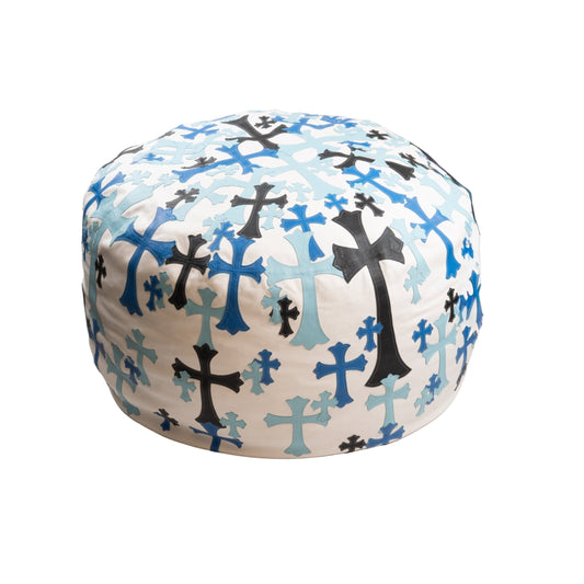 Blue/White Leather Cross Patched Beanbag