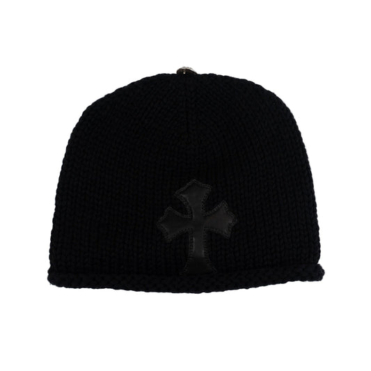 Cashmere Cross Leather Patch Black Beanie