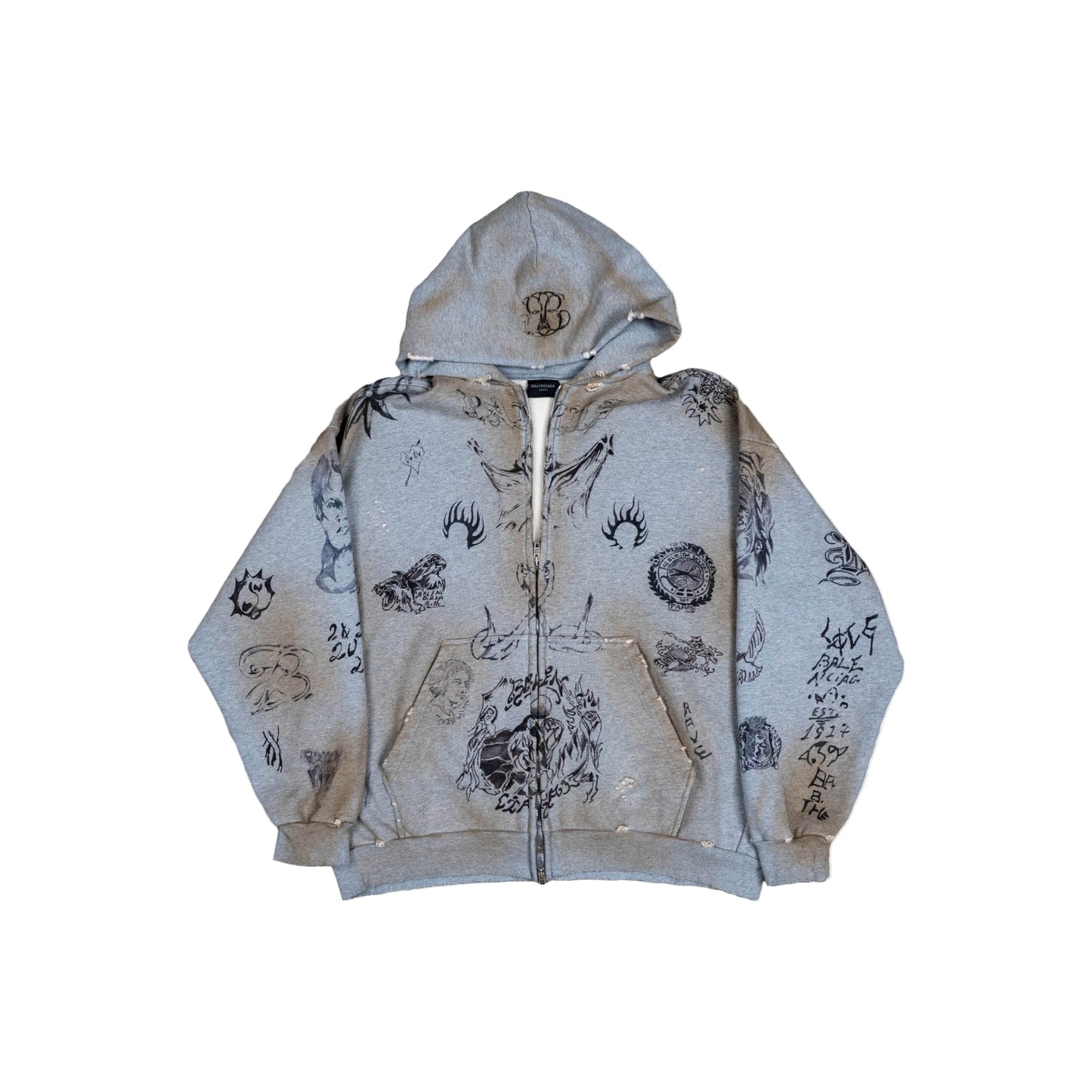 Skater Graffiti Zip-Up Hoodie 'Heather Grey'