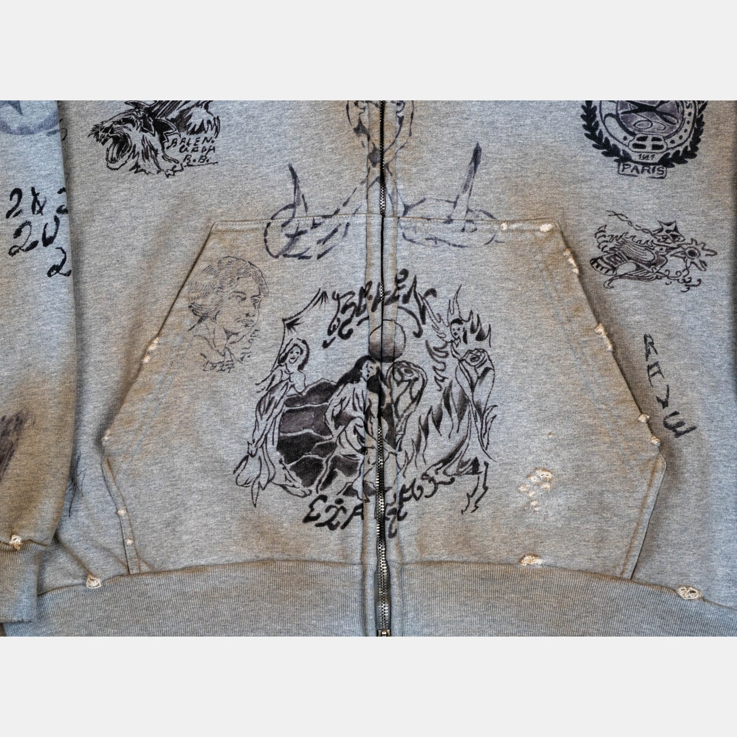 Skater Graffiti Zip-Up Hoodie 'Heather Grey'