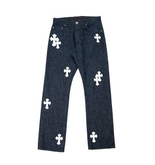 Dark Blue Wash White Patch Jeans