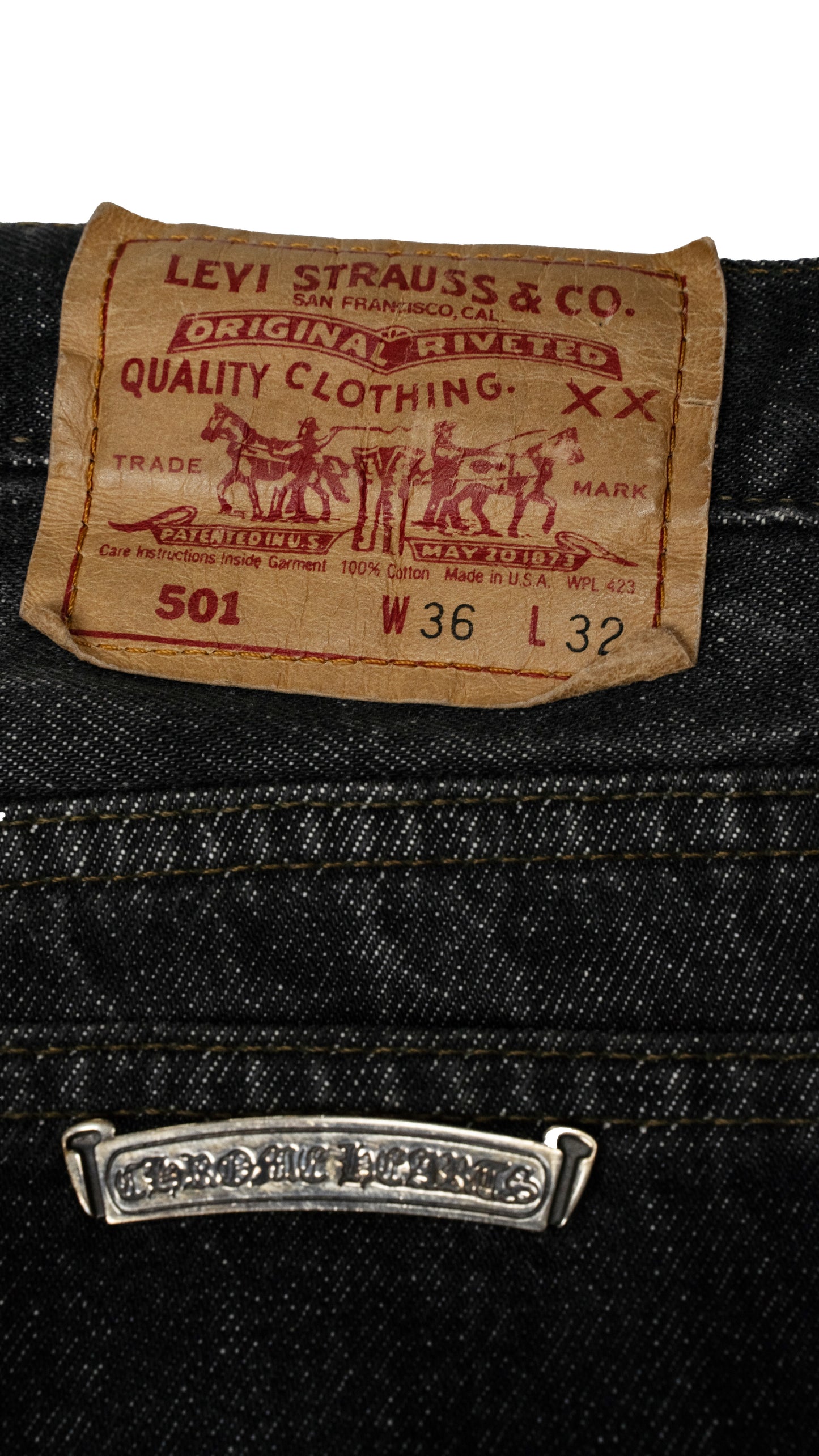 501 Levi's Silver Pony Hair Cross Patch Dark Wash Jeans