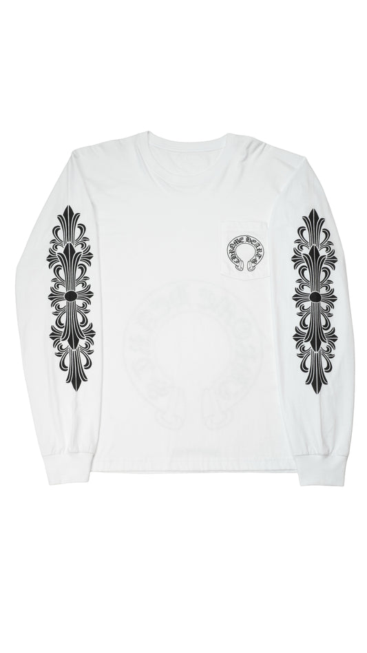 White' Floral Horseshoe Pocket Long Sleeve