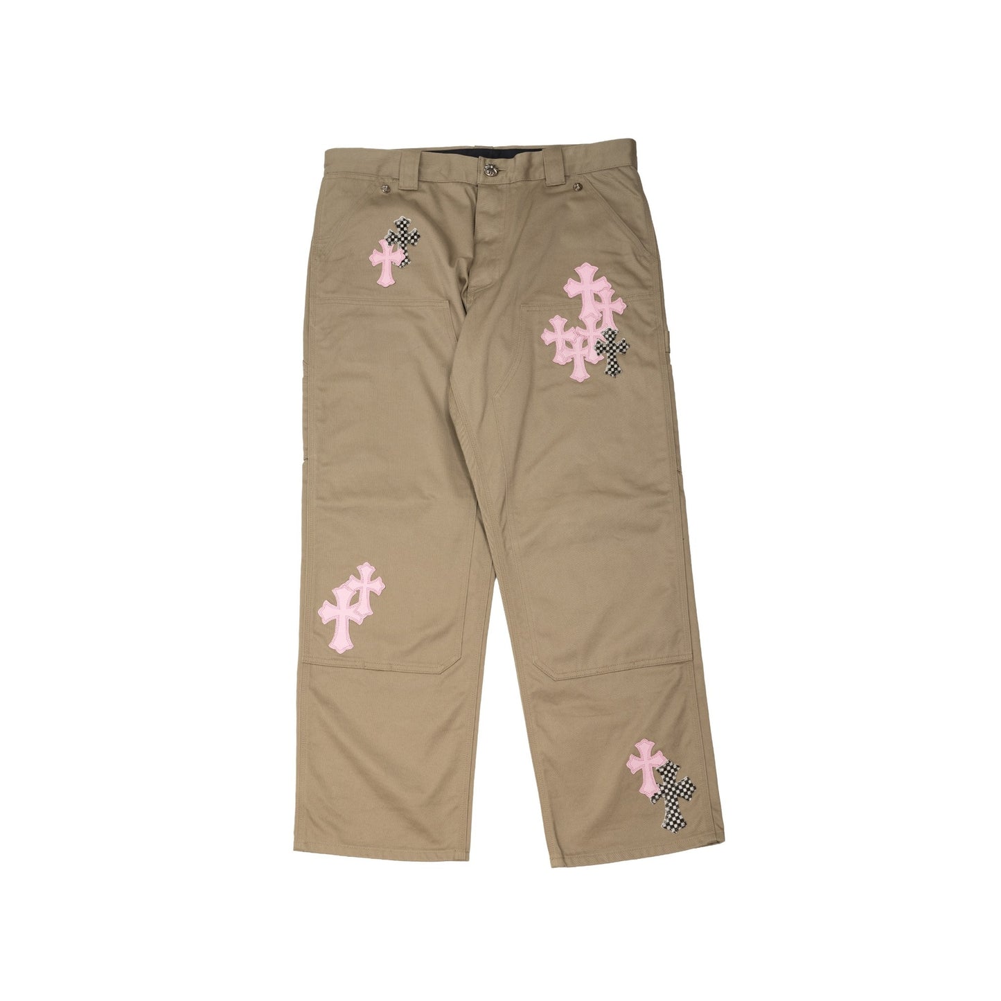 Tan Pink & CheckeRed Cross Patch Carpenter Pants