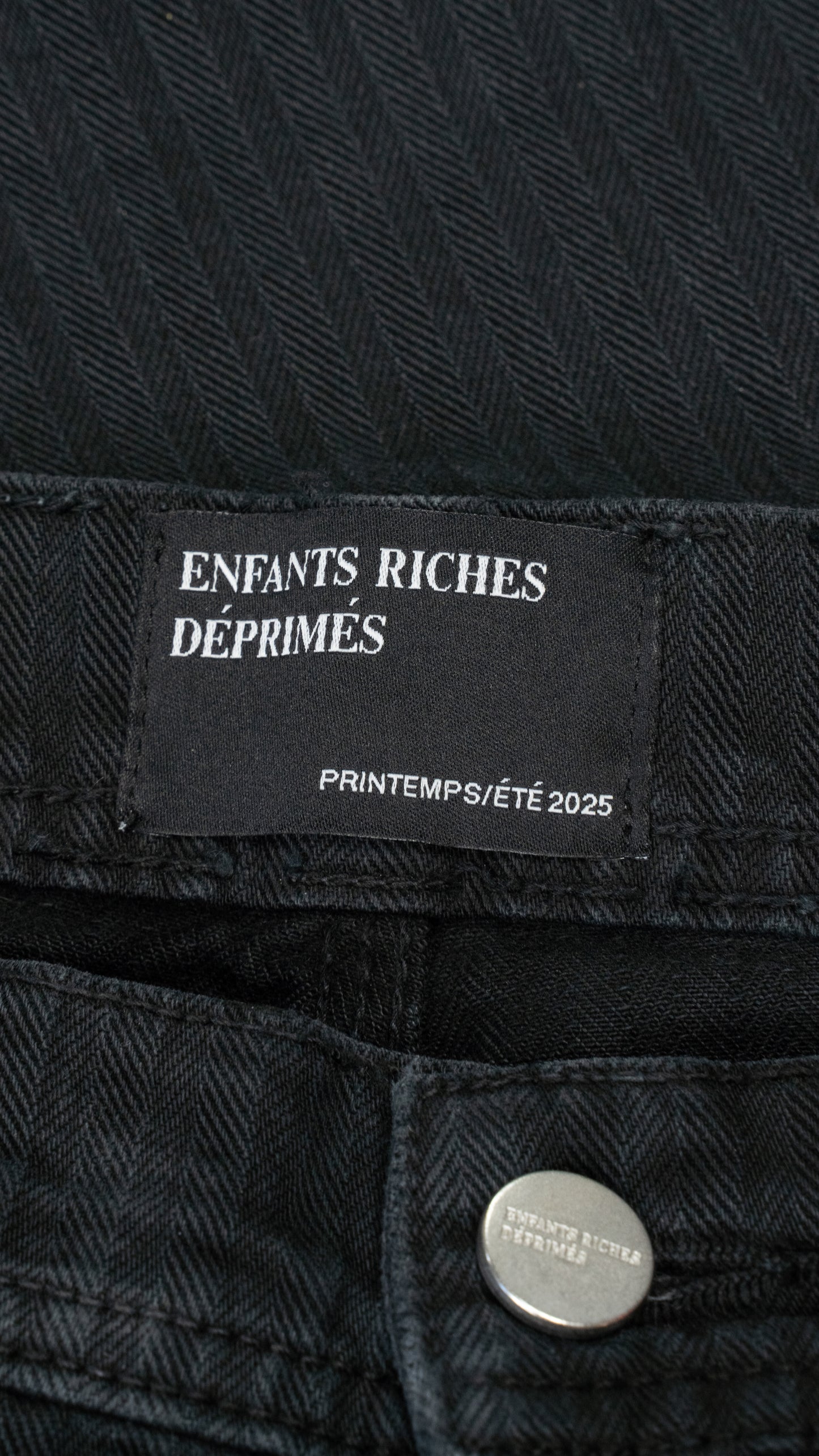 Straight-Leg Distressed Paneled Herringbone Denim Trousers