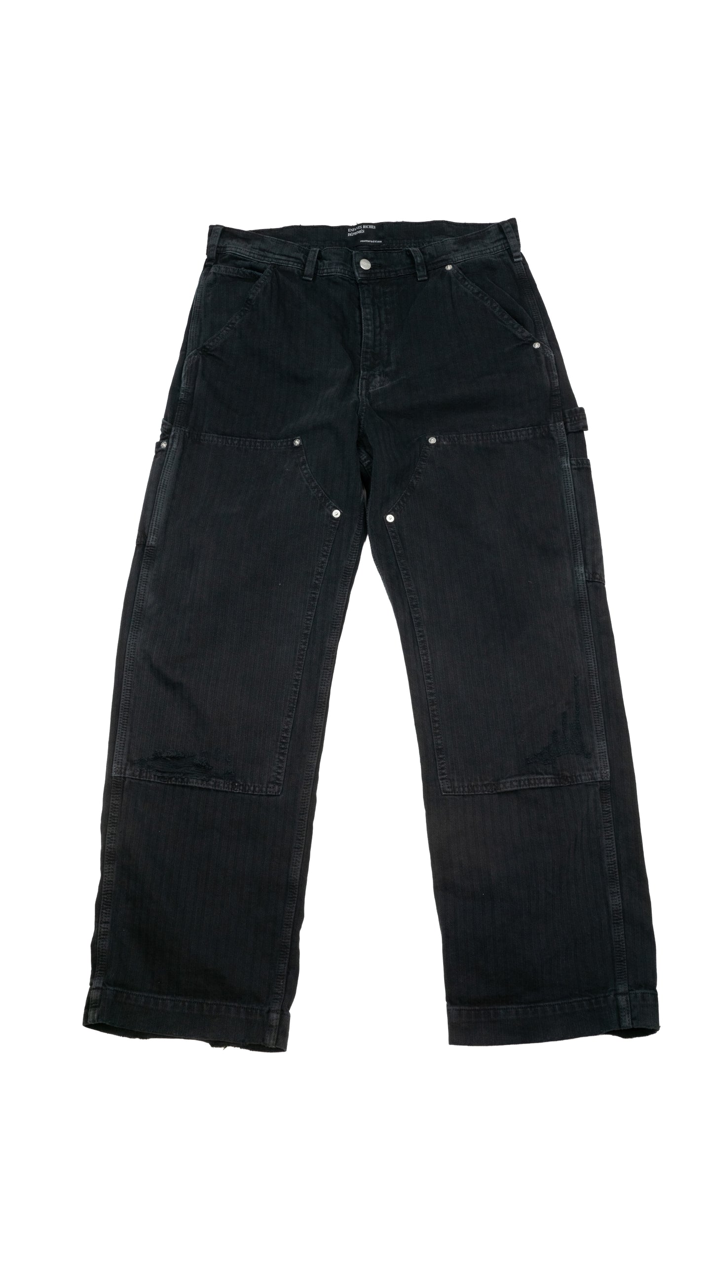 Straight-Leg Distressed Paneled Herringbone Denim Trousers