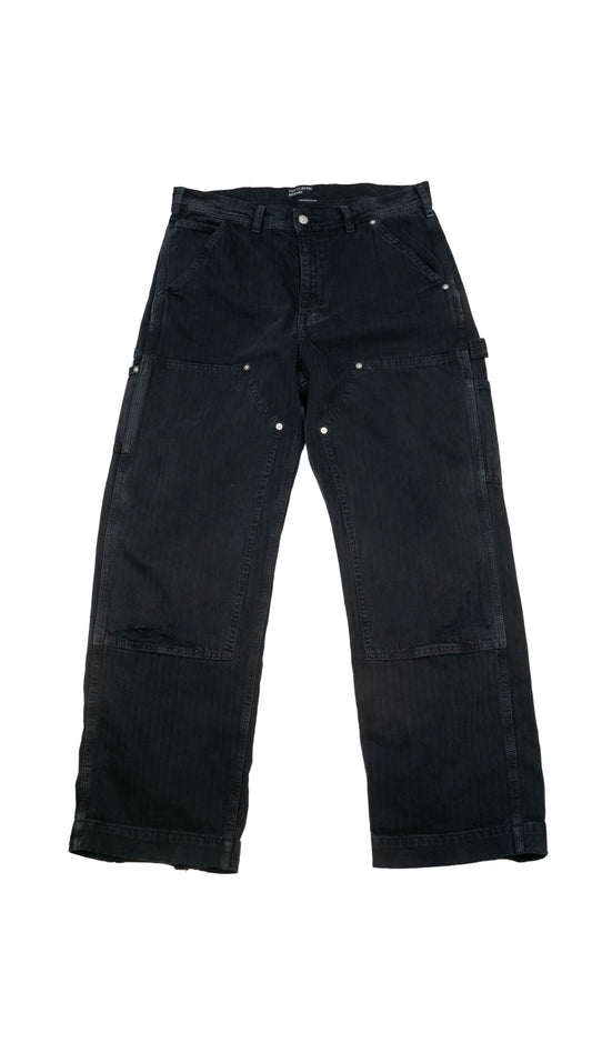 Straight-Leg Distressed Paneled Herringbone Denim Trousers