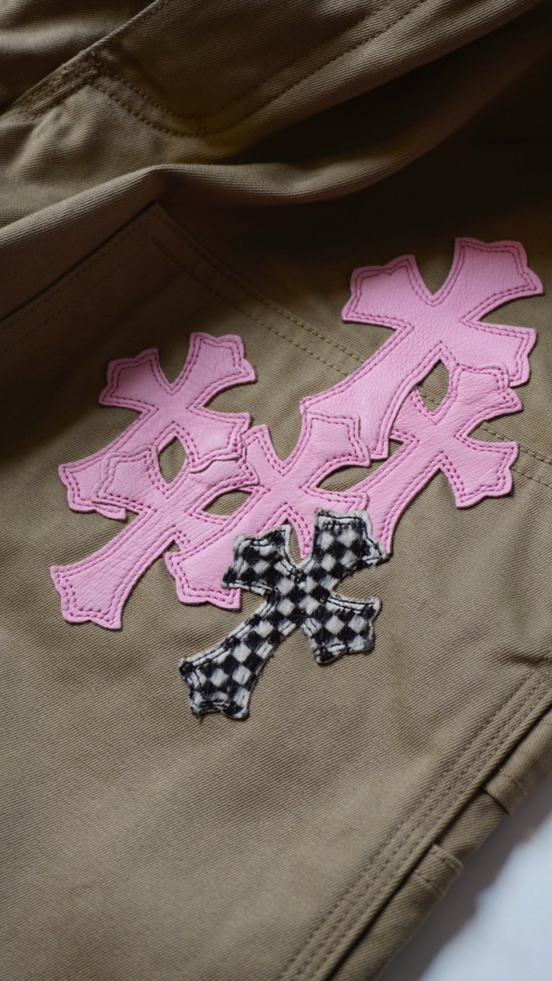 Tan Pink & CheckeRed Cross Patch Carpenter Pants