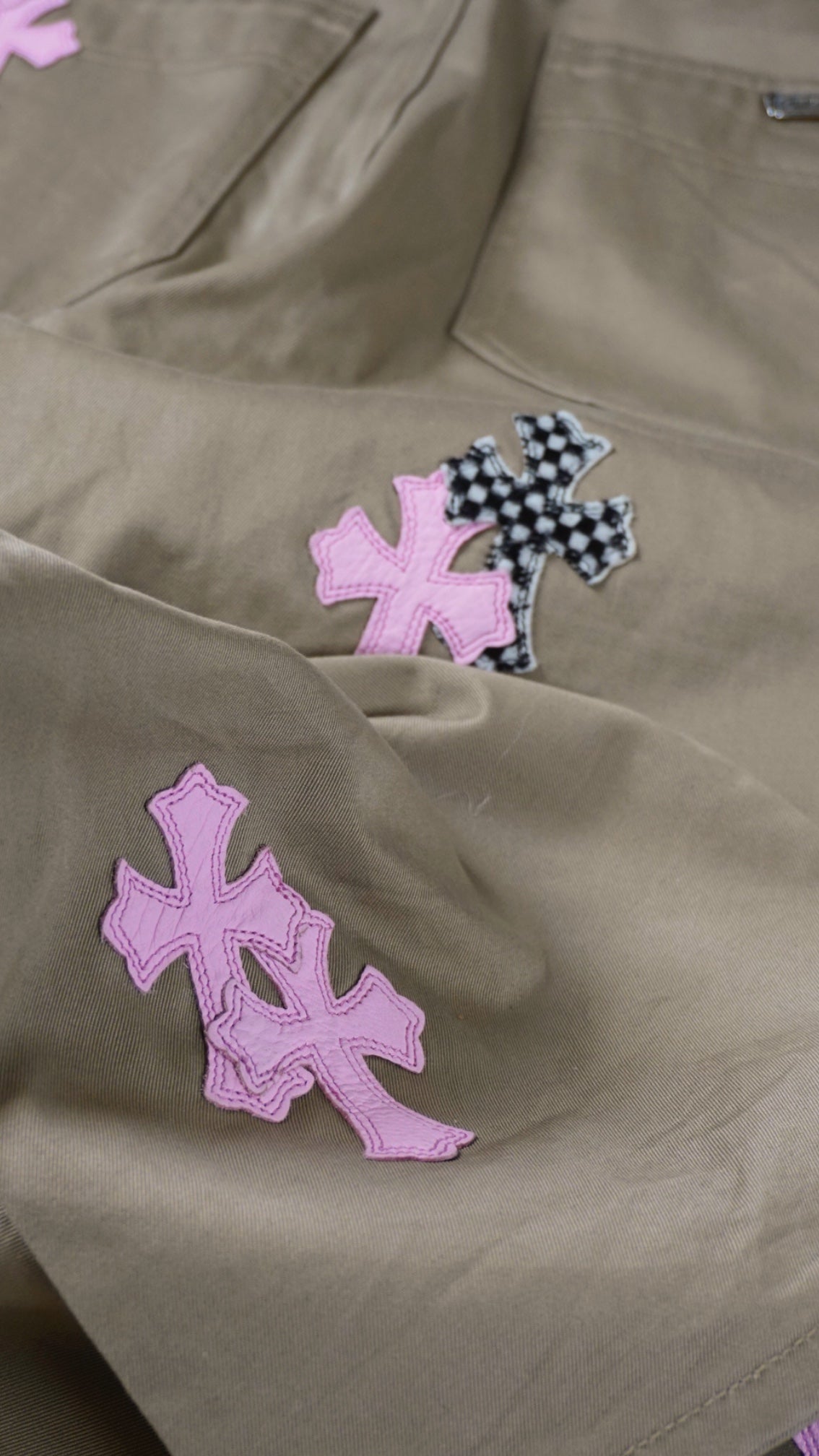 Tan Pink & CheckeRed Cross Patch Carpenter Pants