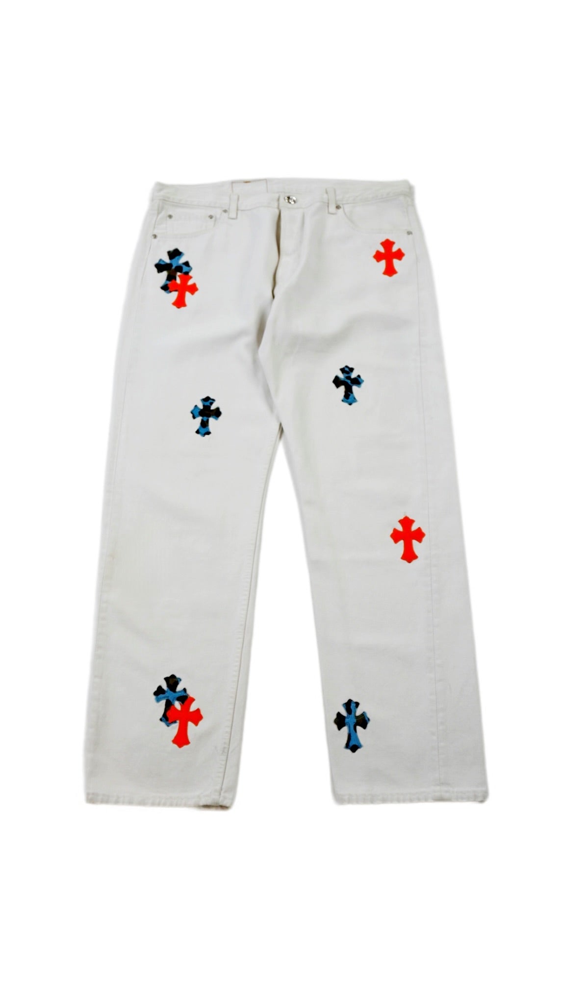 White Levis Blue & Orange Cross Patch St. Barth Exclusive Jeans