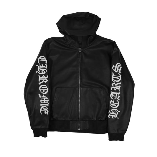 Black Leather White Script Zip Up Jacket