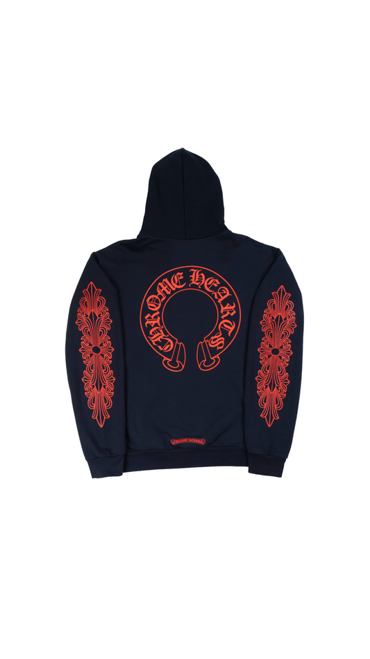 Navy/Red Horseshoe Floral Sleeve Pullover Hoodie