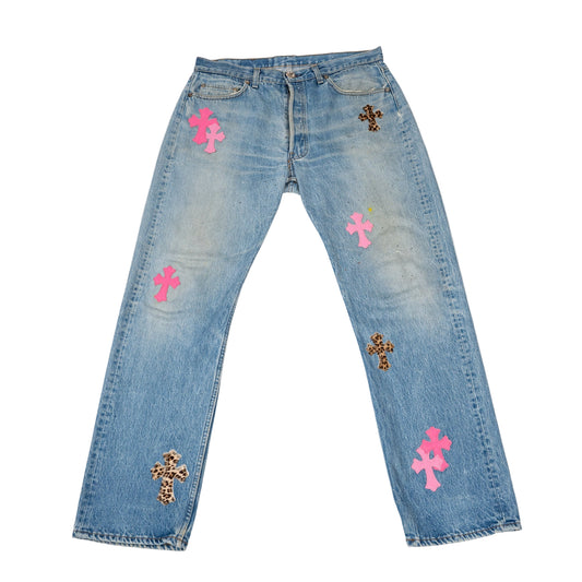 1/1 501 Levi's Cheetah/Pink Cross Patch Jeans