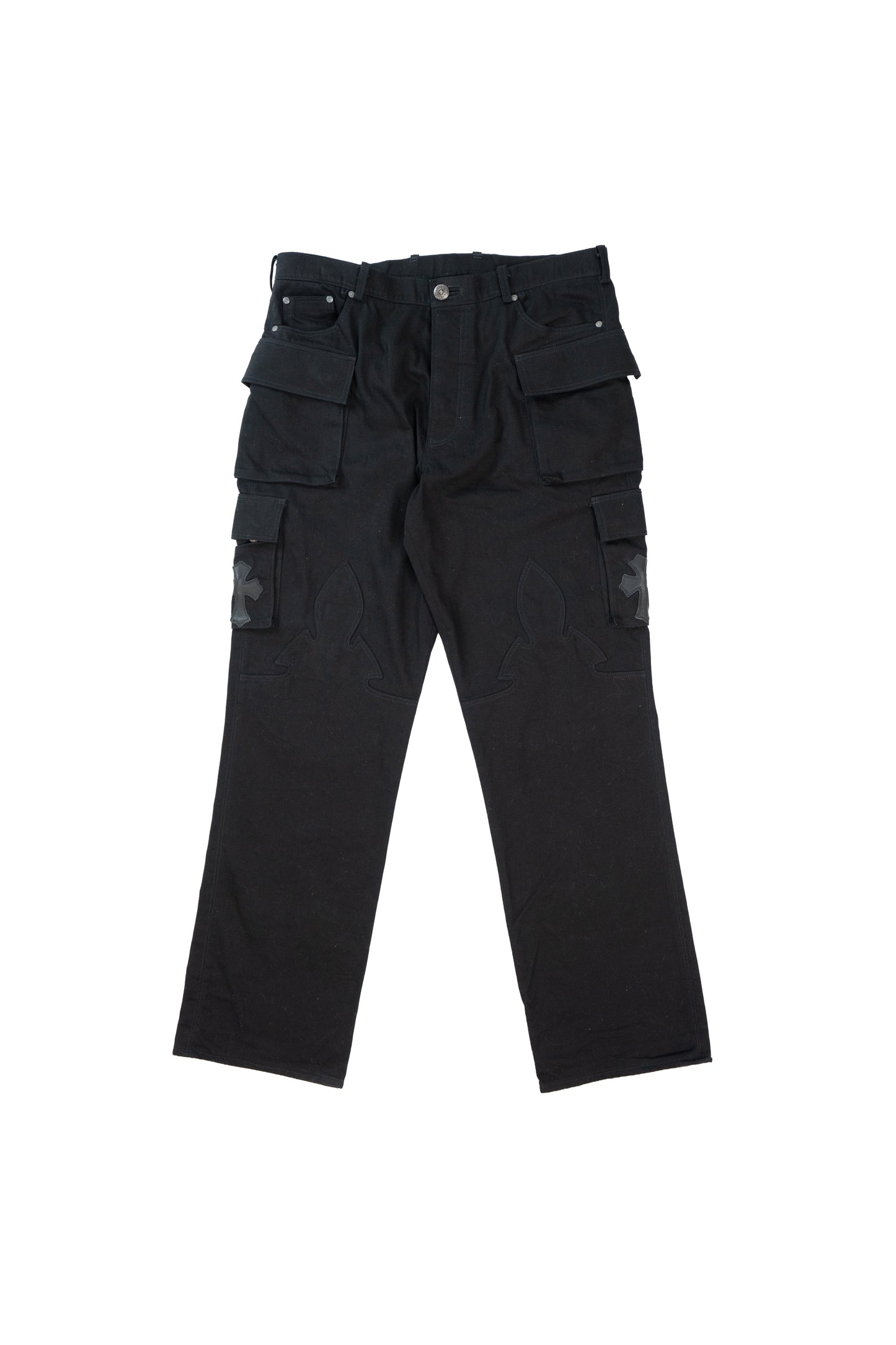 Black Leather Patch Pocket Fleur Cargo Pants
