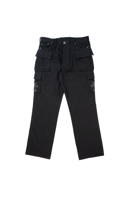Black Leather Patch Pocket Fleur Cargo Pants
