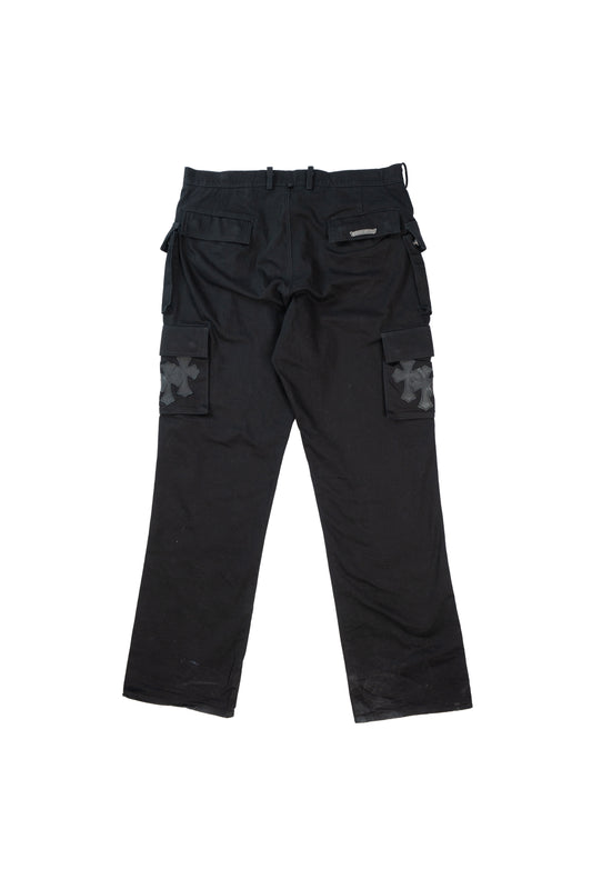 Black Leather Patch Pocket Fleur Cargo Pants