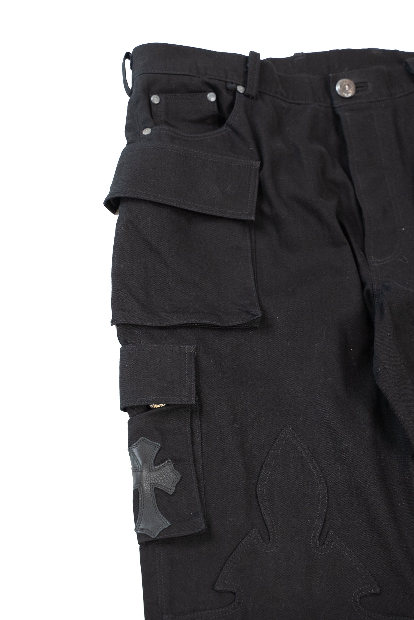 Black Leather Patch Pocket Fleur Cargo Pants