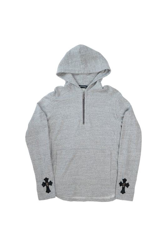 Grey Vintage Black Leather Silver Cross Patch Quater Zip