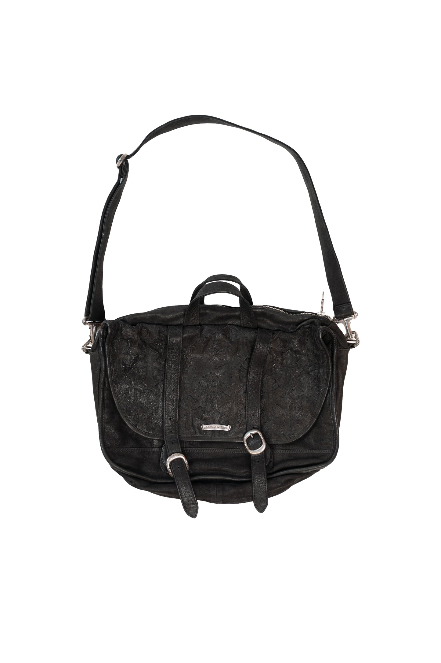 Black Flooded Black Cross Patches Leather Messenger Bag