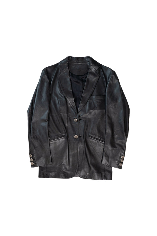 Double Silver Button Black Leather Blazer