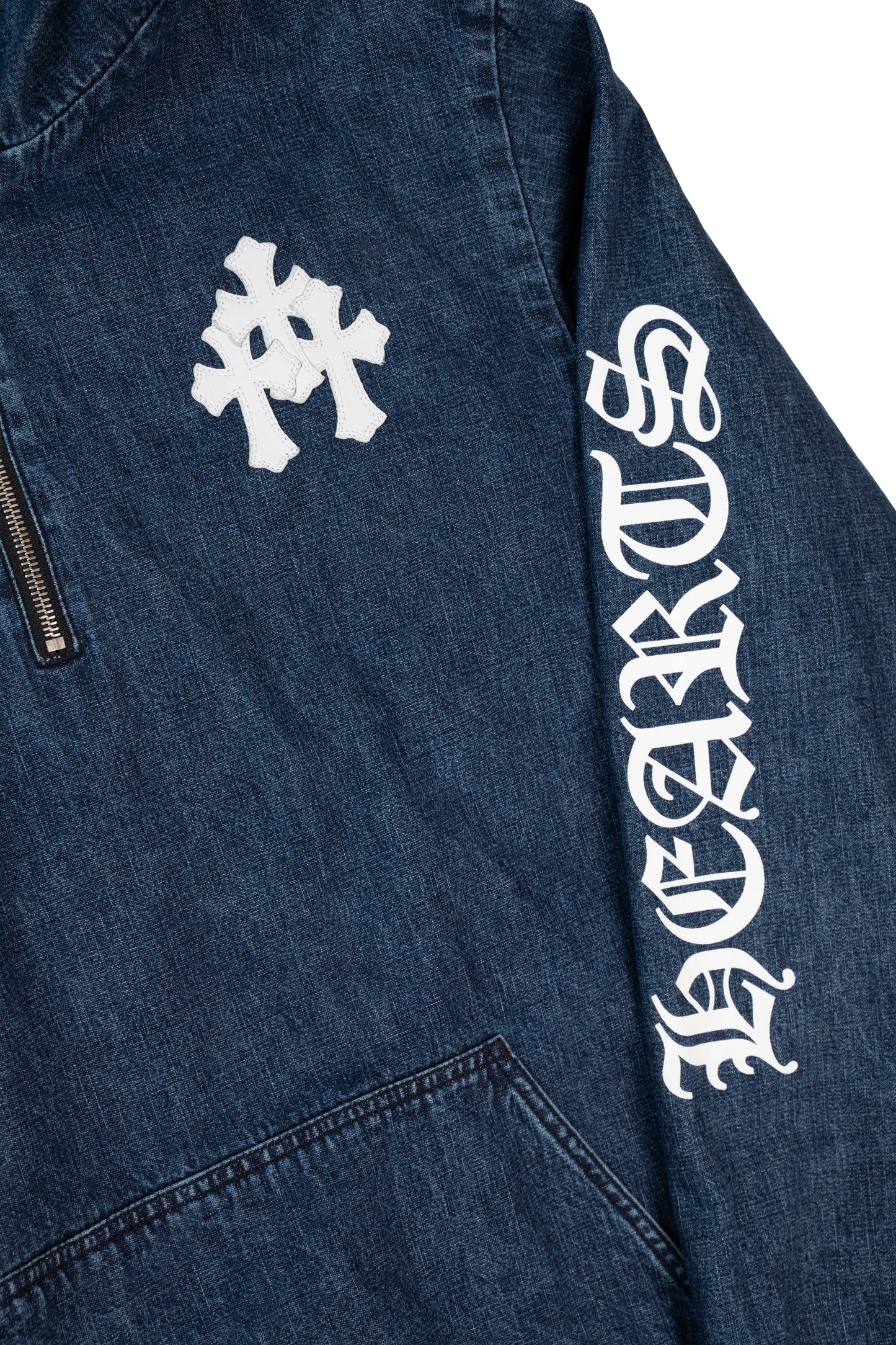Leather Cemetery Triple Cross Denim Quarter-Zip Jacket